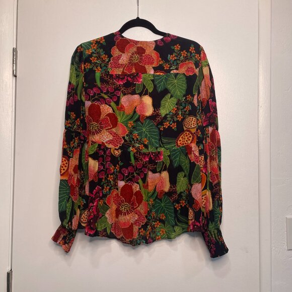 Farm Rio Floral Boho Blouse size M Multicolor Peasant Top w/ Tassel Tie - Picture 7 of 9